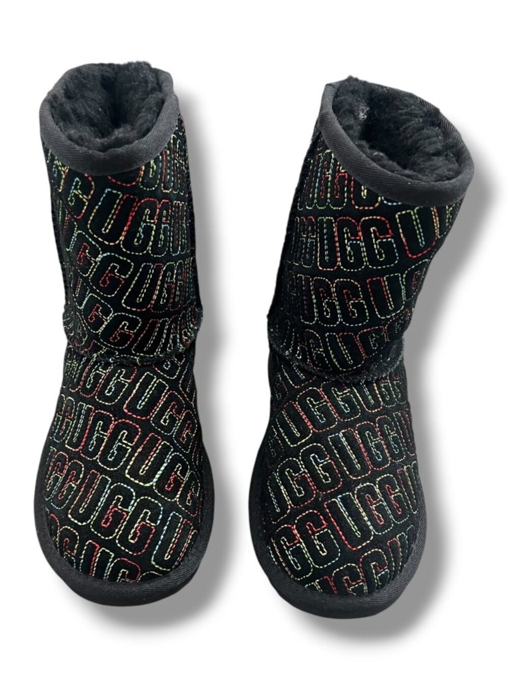 UGG Kids Classic II Multicolor Graphic Stitch Black Suede Sheepskin Boots Size 1